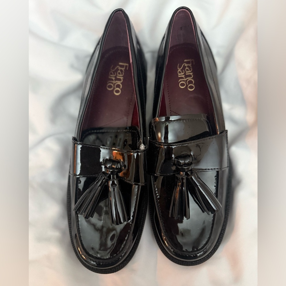 Franco Sarto Glossy Black Tassel Loafers